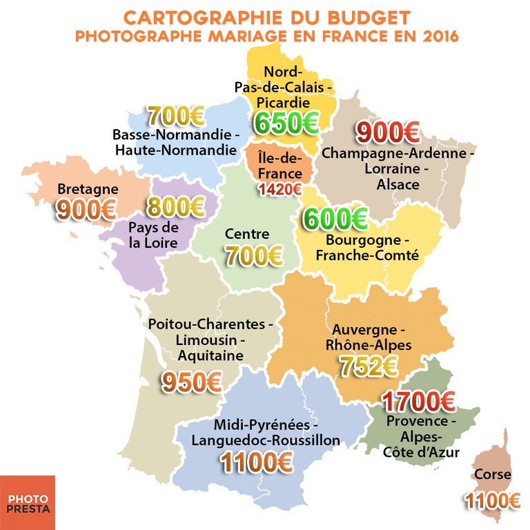Cartographie du budget photographe mariage en France